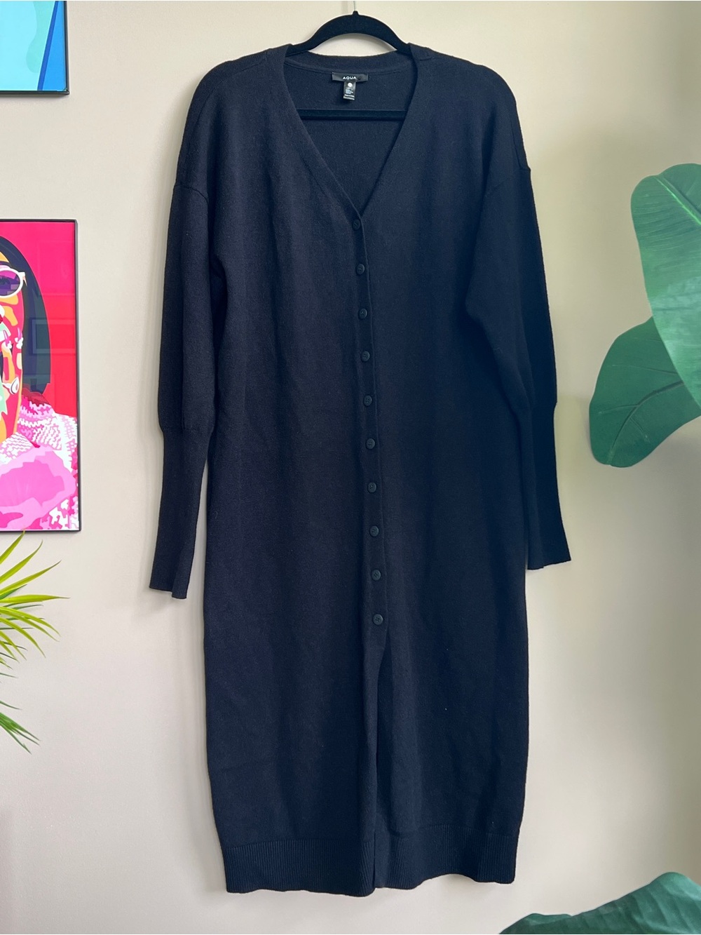 AQUA Black Button Front Long Cardigan Sweater Duster Size L